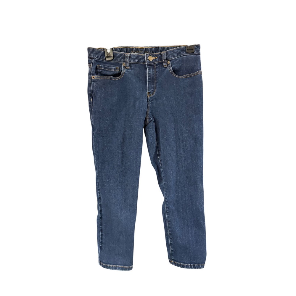 Michael Kors Womens Dark Wash Denim Capri Jeans Blue Gold Logo Size 6